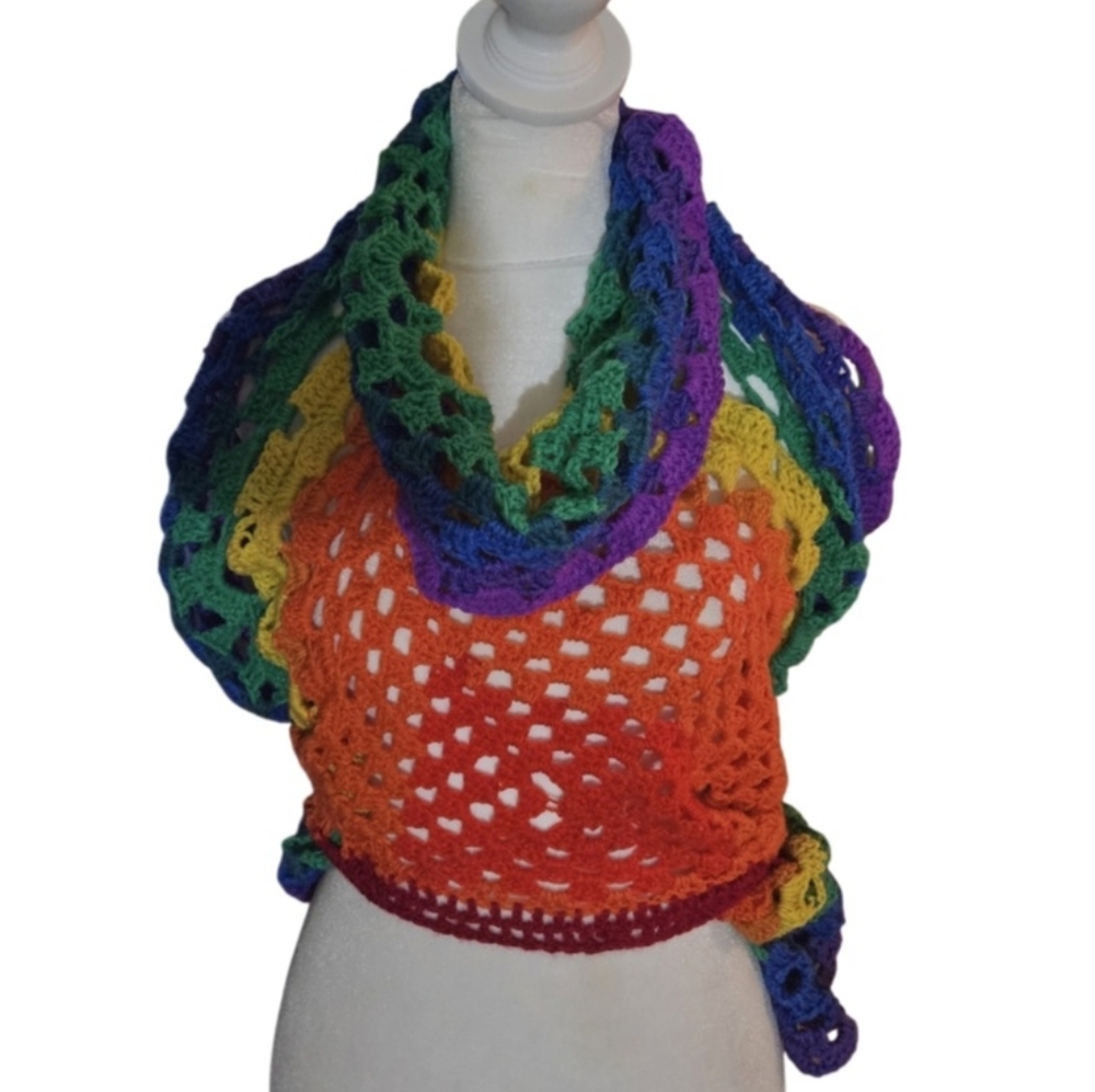Rainbow Crochet Head Cover Bandana Prayer Wrap OOAK 14-in-1 Handmade Grannycore - Picture 9 of 17